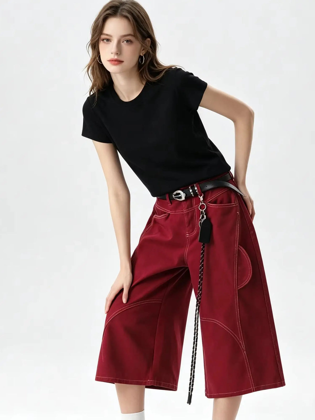 Women's Wine Red Y2K Baggy Wide Leg Denim Shorts Jorts — dettaglio