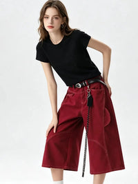 Women's Wine Red Y2K Baggy Wide Leg Denim Shorts Jorts — dettaglio