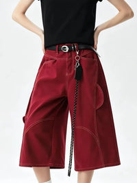 Women's Wine Red Y2K Baggy Wide Leg Denim Shorts Jorts — vista frontale