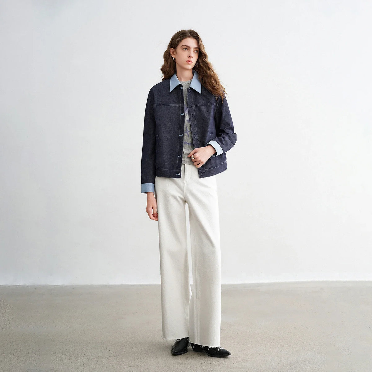 Womens Y2K Contrast Lapel Faux Denim Jacket — in alternativa