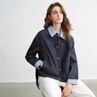 Womens Y2K Contrast Lapel Faux Denim Jacket — vista posteriore