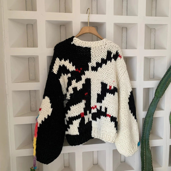 Womens Y2K Digital Glitch Tassel Cardigan Sweater