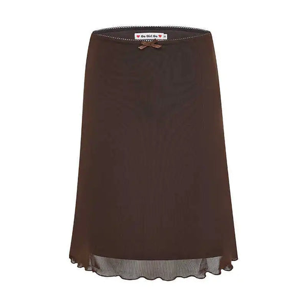 Womens Y2K Lace Mesh Coffee Brown Mini Skirt — vista frontale