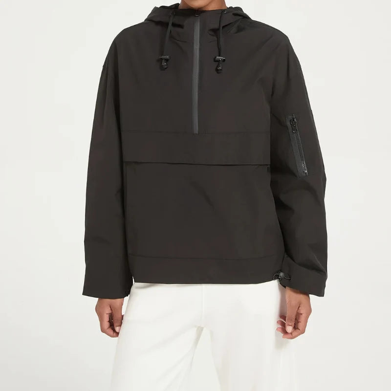 Womens Y2K Solid Hooded Pullover Waterproof Jacket Coat — dettaglio della stampa