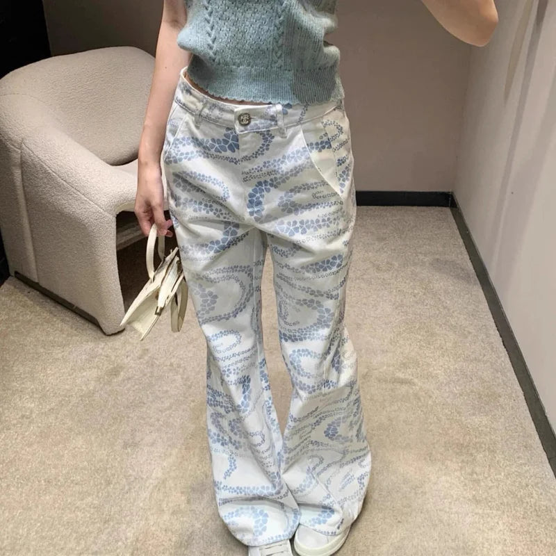 Womens Y2K White Printed High Waisted Jeans — vista frontale