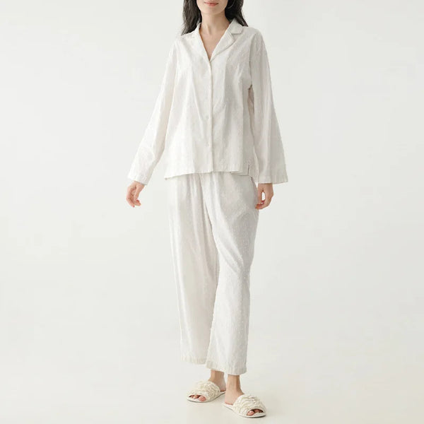 100% Cotton Jacquard White Two Piece Set Pyjamas — vista frontale