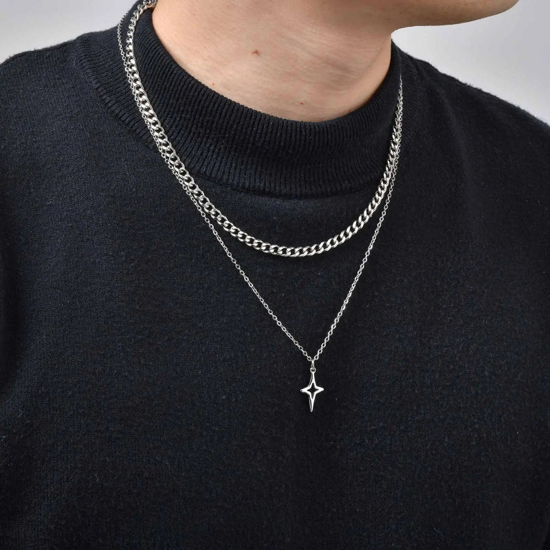 2 Piece Layered Star And Cuban Necklace Chain — vista posteriore