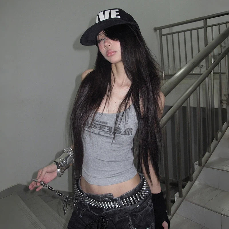 2000s Letter Print Crop Tank Top — in alternativa