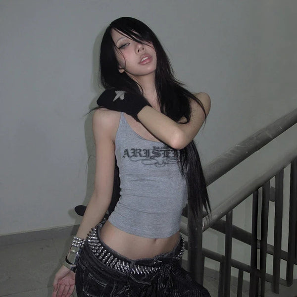 2000s Letter Print Crop Tank Top — vista frontale