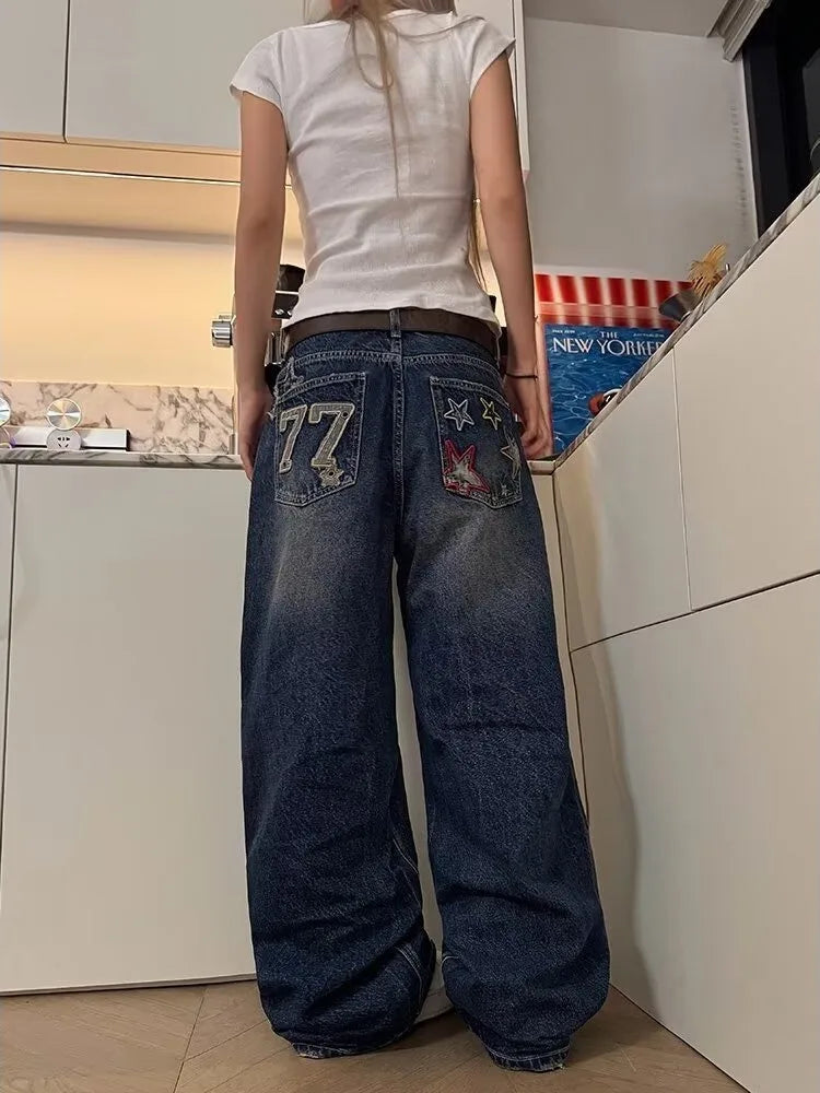 77 Star Patchwork Embroidered Baggy Jeans — dettaglio della stampa