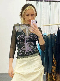 Abstract Graphic Long Sleeve Mesh Top — dettaglio
