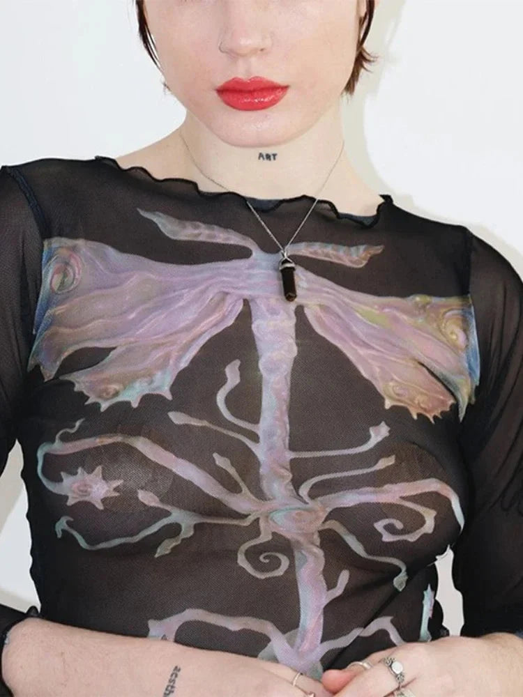 Abstract Graphic Long Sleeve Mesh Top — dettaglio della stampa