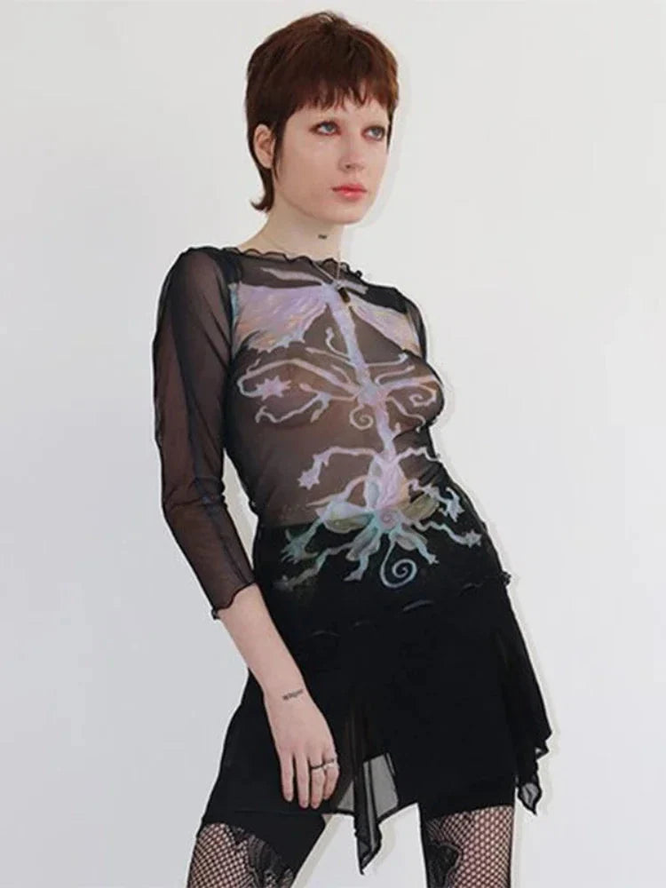 Abstract Graphic Long Sleeve Mesh Top — in alternativa