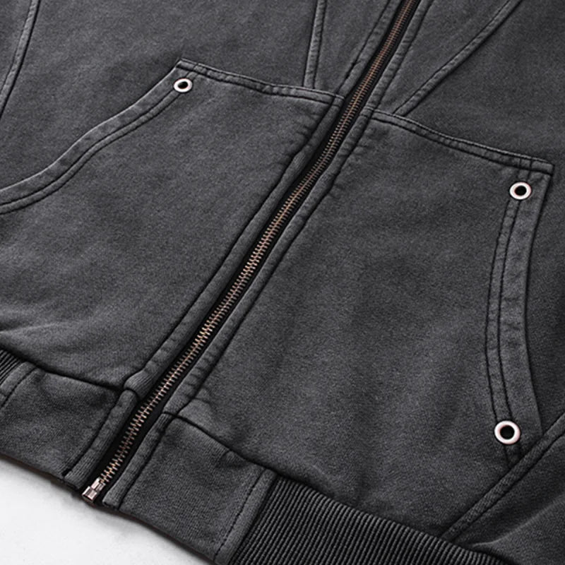Acid Washed Panelled Plain Zip Up Hoodie — dettaglio
