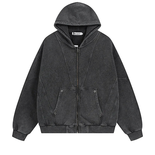 Acid Washed Panelled Plain Zip Up Hoodie — vista frontale