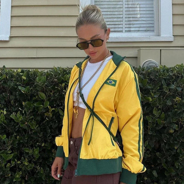 Y2K Aesthetic Brazil Oversized Zip UpTrack Jacket