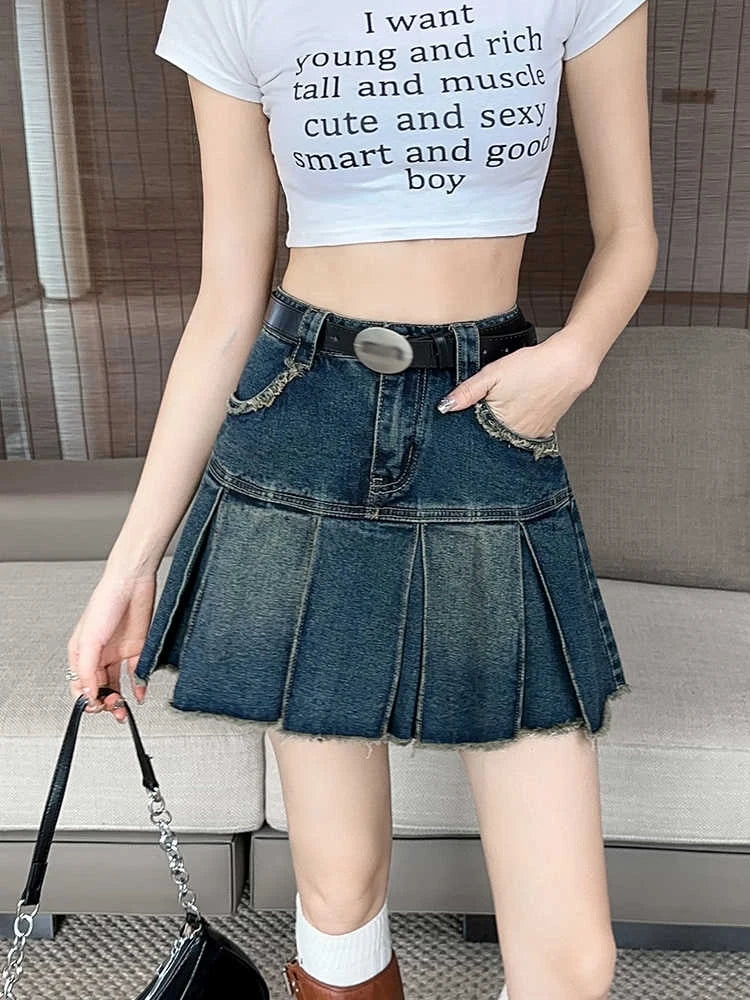 Aesthetic Mini Pleated Denim Skirt — vista frontale