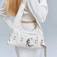 Aged Leather Belted Handbag — vista frontale