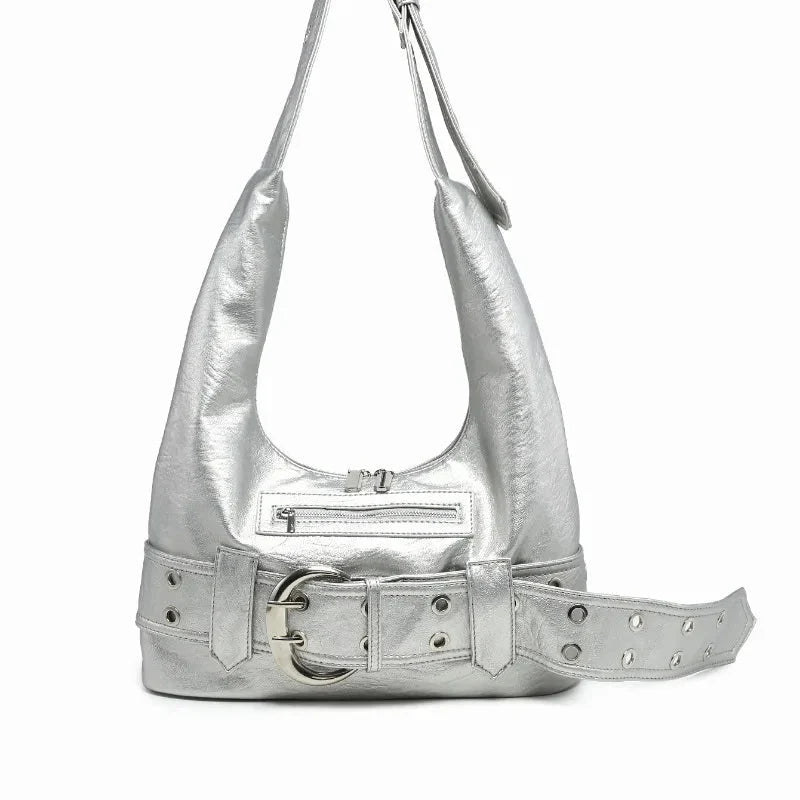 Aged Leather Belted Handbag — vista laterale