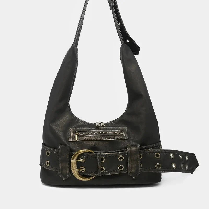 Aged Leather Belted Handbag — dettaglio
