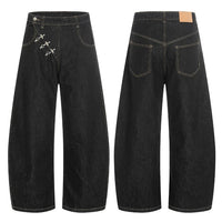 Airplane Button Design Black Baggy Barrel Jeans — vista frontale