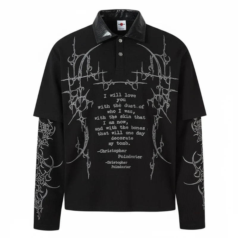 "All My Love" Graphic Mock Layered Long Sleeve Polo Shirt Top — vista posteriore
