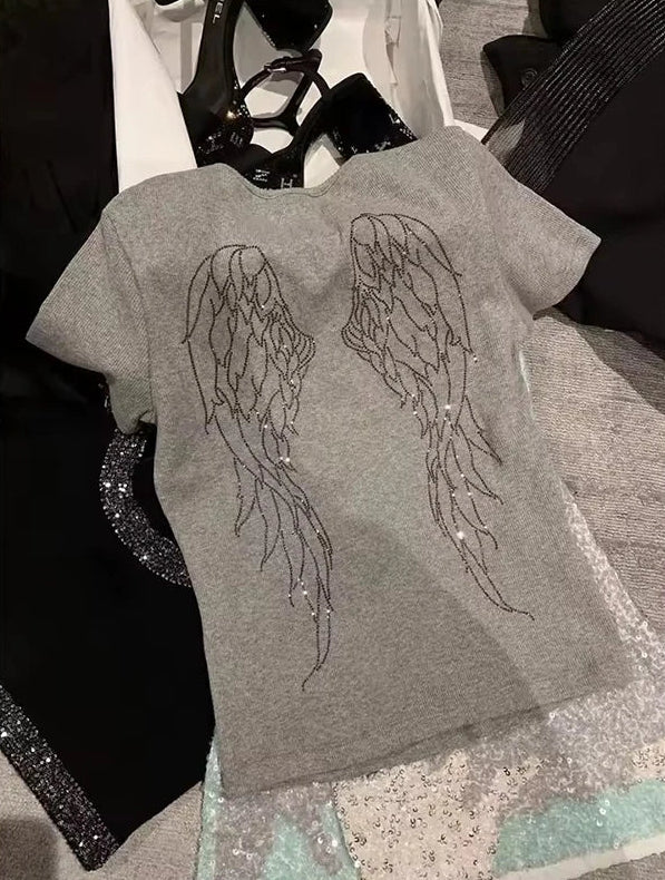 Angel Wings Rhinestone Graphic T Shirt — vista frontale