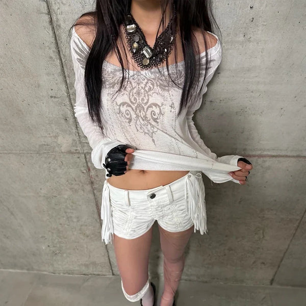 Y2K Angelic Wings Tattoo Graphic Grunge Long Sleeve Top