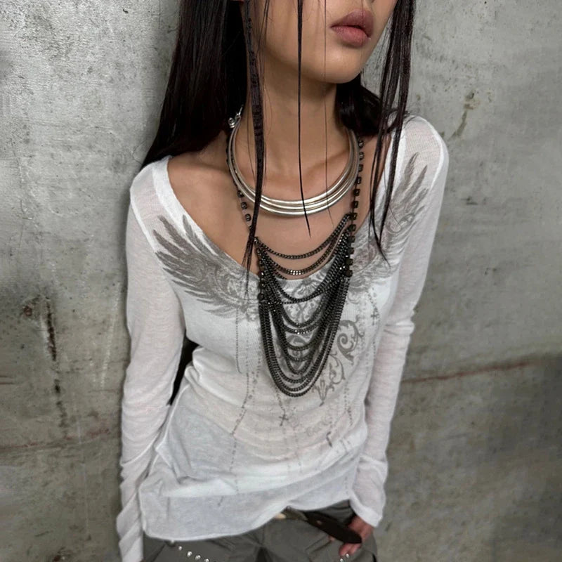Angelic Wings Tattoo Graphic Grunge Long Sleeve Top — in alternativa
