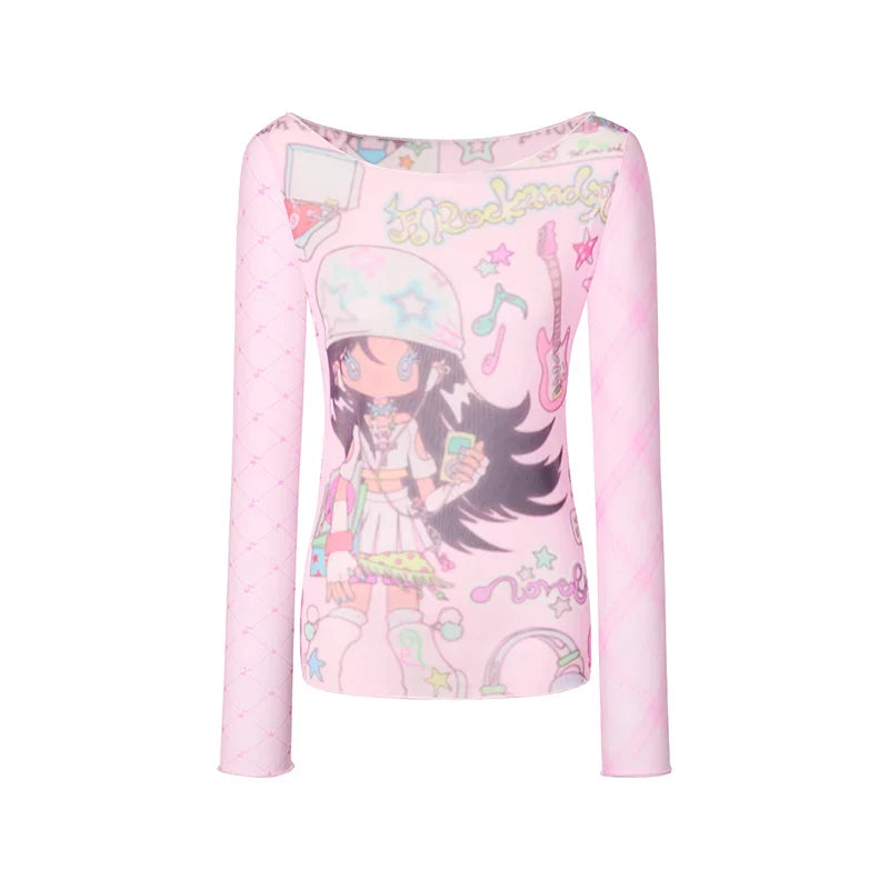 Anime Print Sheer Mesh Top — vista frontale