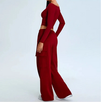 Athleisure Off Shoulder Long Sleeve Crop Top — vista frontale