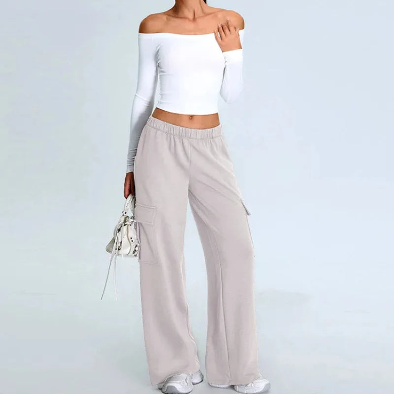 Athleisure Off Shoulder Long Sleeve Crop Top — vista laterale