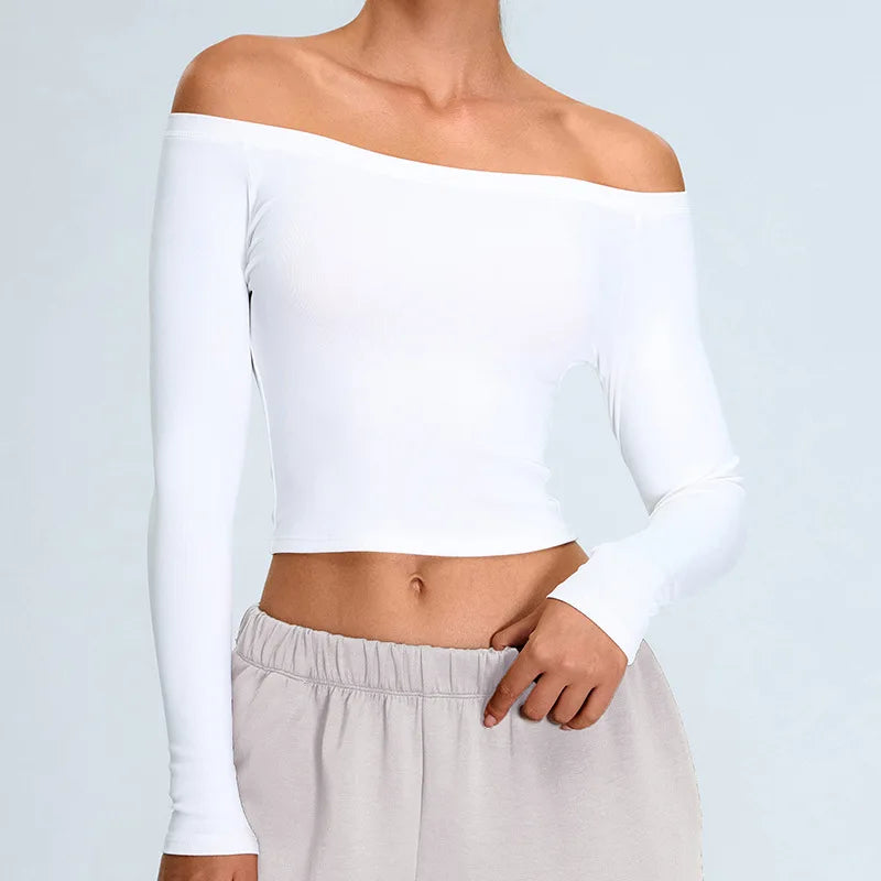 Athleisure Off Shoulder Long Sleeve Crop Top — vista frontale