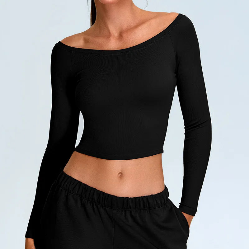 Athleisure Off Shoulder Long Sleeve Crop Top — vista posteriore
