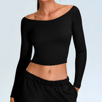 Athleisure Off Shoulder Long Sleeve Crop Top — vista posteriore