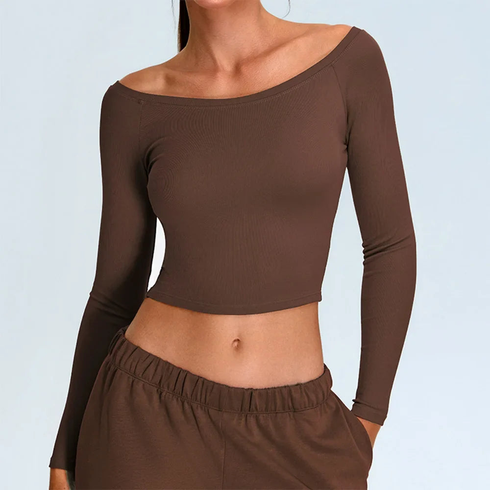 Athleisure Off Shoulder Long Sleeve Crop Top — in alternativa