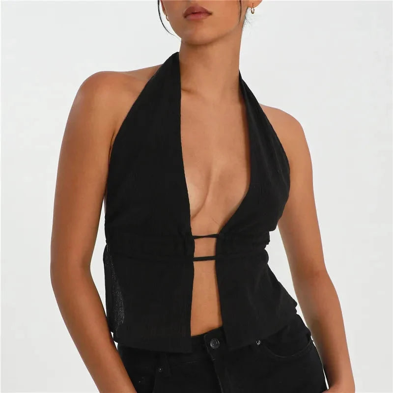 Backless V Neck Halter Tank Top — vista frontale