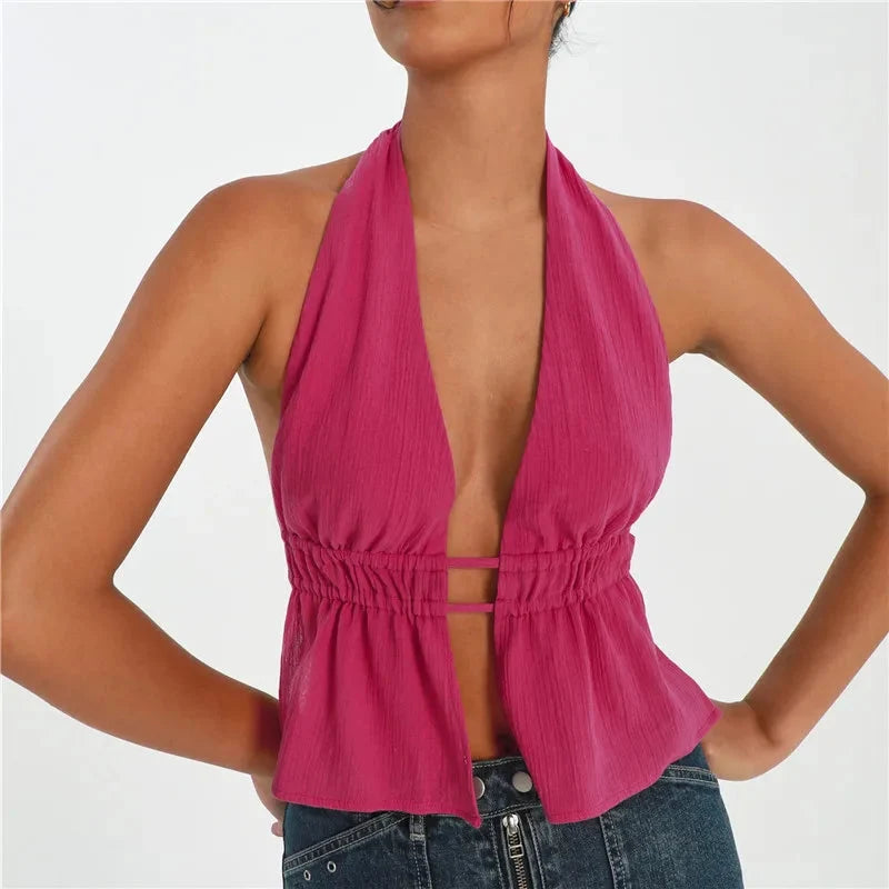Backless V Neck Halter Tank Top — vista posteriore