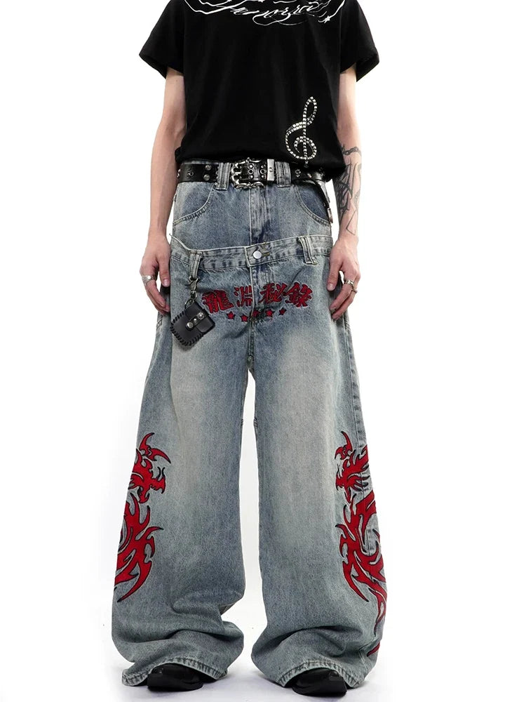 Baggy Barrel Mock Two Piece Embroidered Jeans — dettaglio