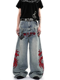 Baggy Barrel Mock Two Piece Embroidered Jeans — dettaglio