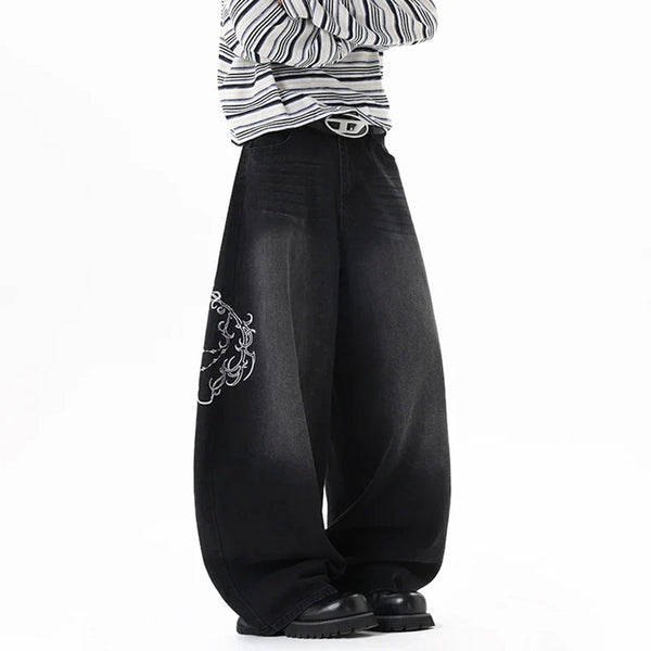 Y2K Baggy Black Accessorised Embroidered Jeans