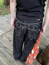 Baggy Black Embroidered Jeans — vista posteriore