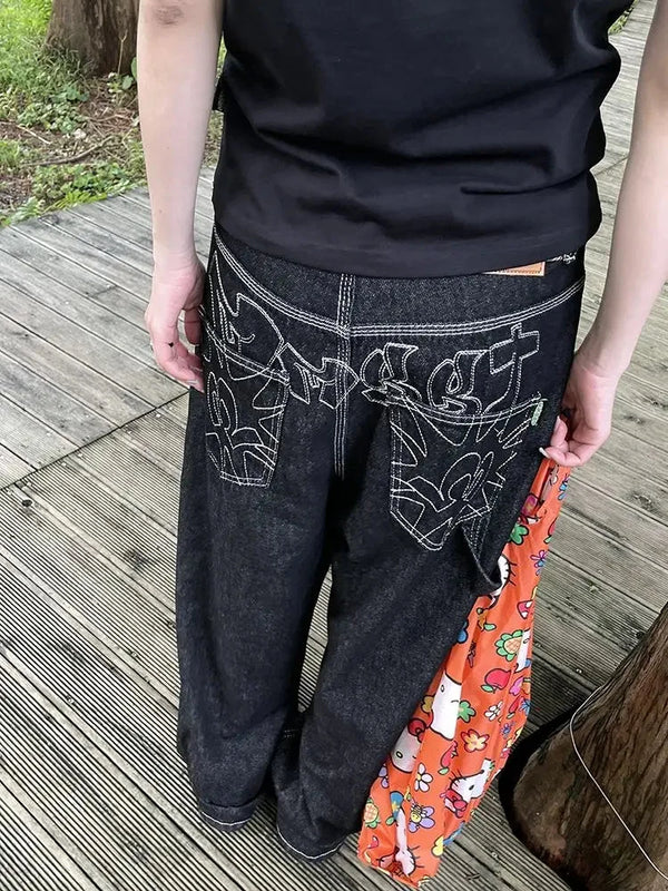 Y2K Baggy Black Embroidered Jeans