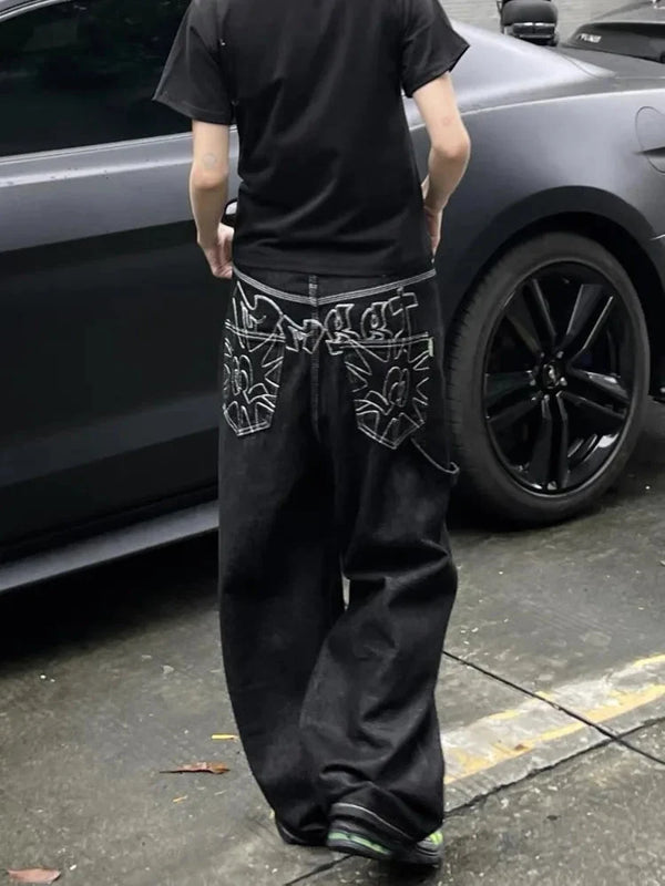 Baggy Black Embroidered Jeans — vista frontale