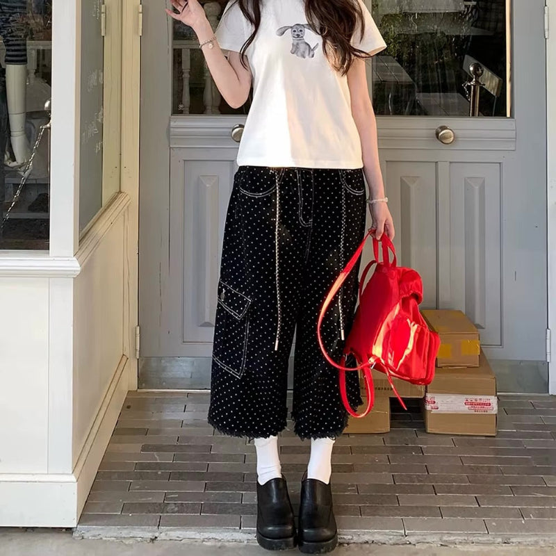 Baggy Black Polka Dot Cargo Denim Shorts Jorts — vista frontale
