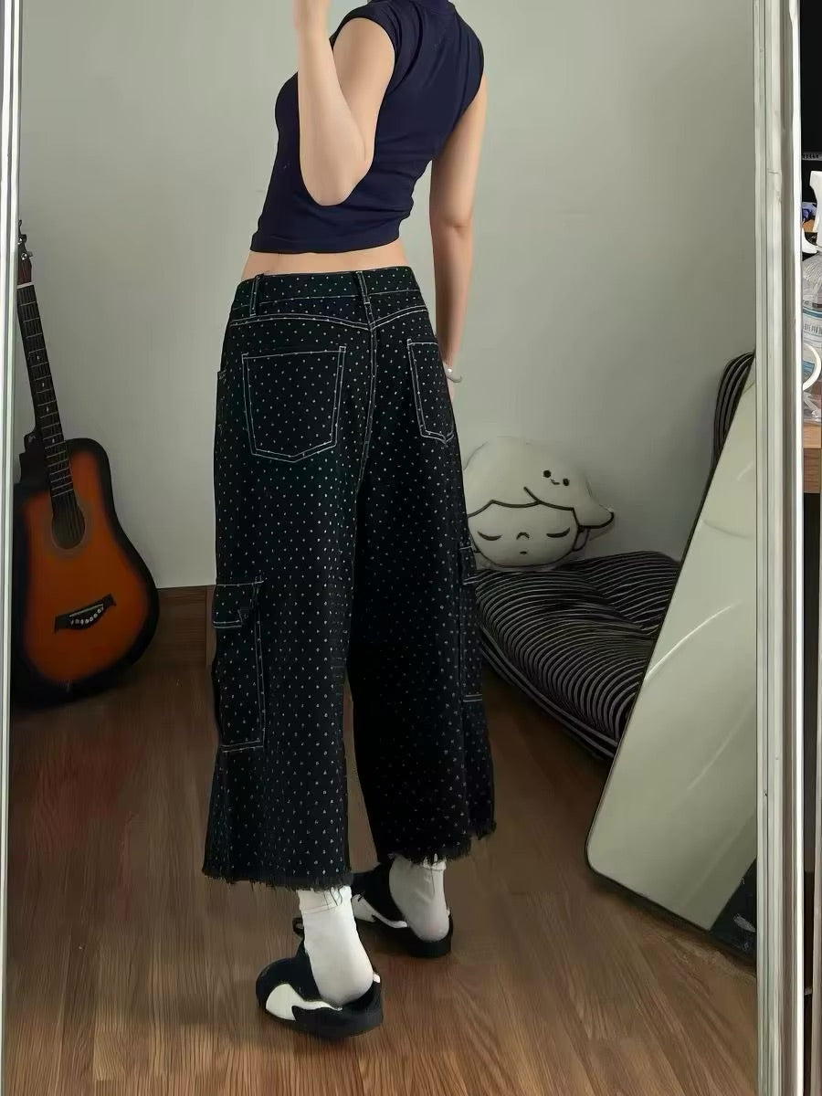 Baggy Black Polka Dot Cargo Denim Shorts Jorts — dettaglio della stampa