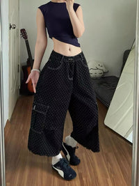 Baggy Black Polka Dot Cargo Denim Shorts Jorts — vista laterale