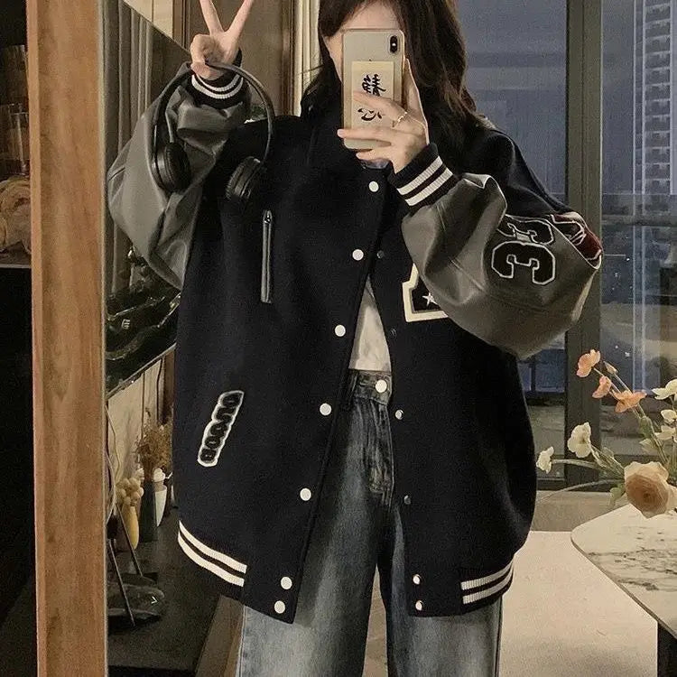 Baggy Fit Black And Grey Varsity Jacket — dettaglio