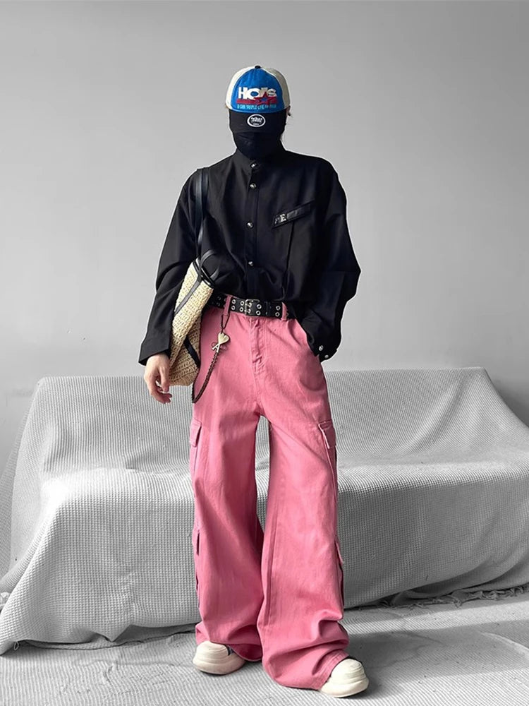 Baggy Flared Pink Cargo Pants — vista laterale
