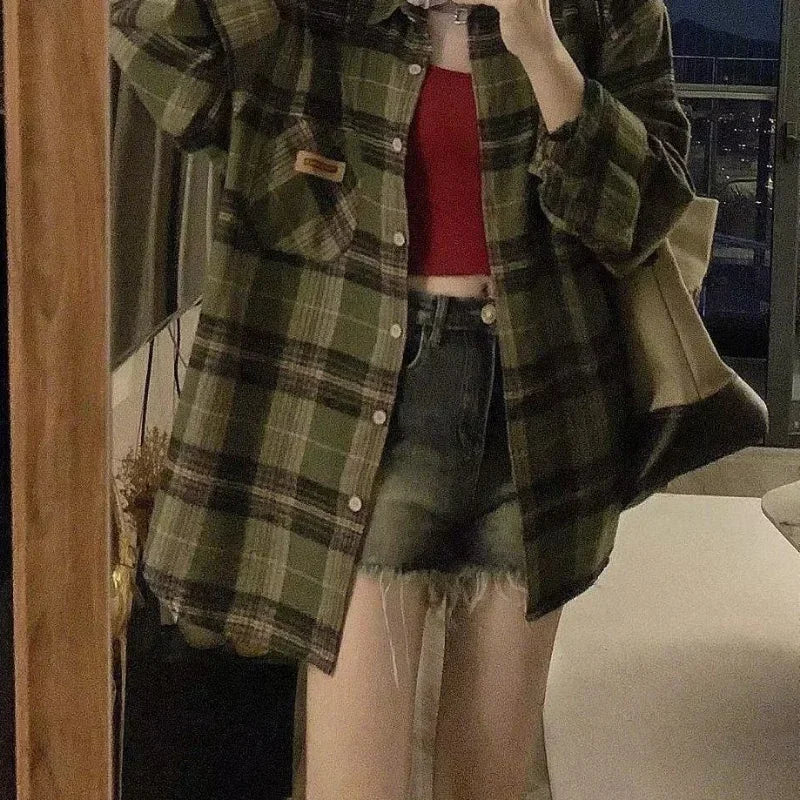 Baggy Green Plaid Long Sleeve Button Up Shirt — dettaglio